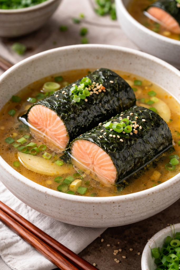 Łosoś zawinięty w nori w bulionie miso